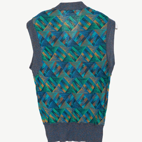 Missoni 80's-Vintage Teal & Blue Cotton Triangle-Jacquard Sweater Vest - Picture 2 of 8
